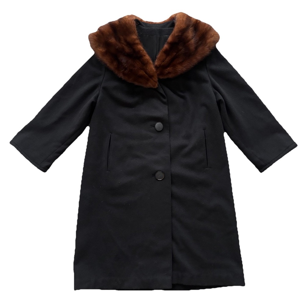 Vintage Womens Formal Wool Long Black Coat Fur Collar 3/4 Sleeves‎ Sz Large